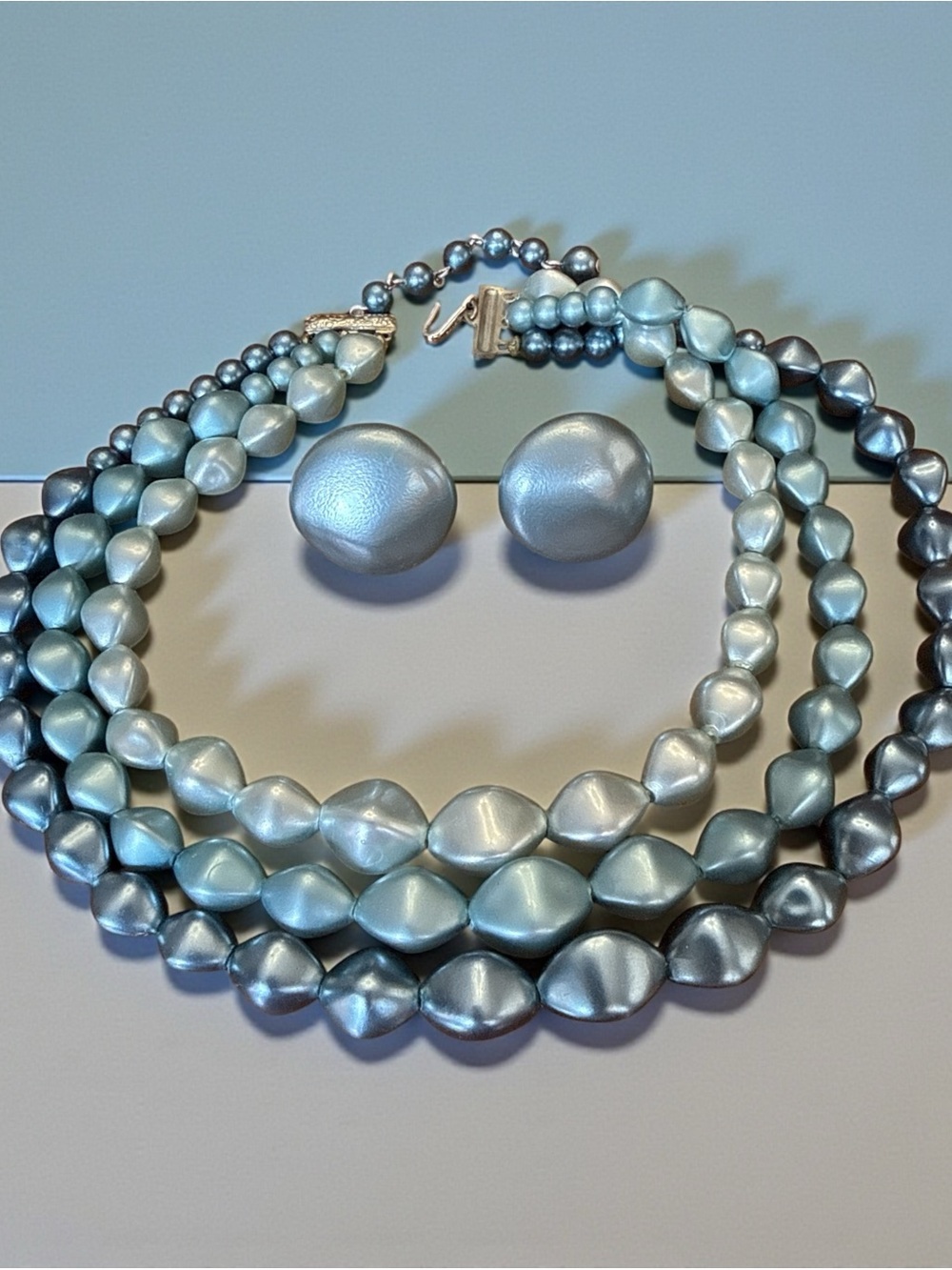 Vintage 1960s Hong Kong Faux Pearl 3 Strand Necklace Earring Set Gray Blue MCM